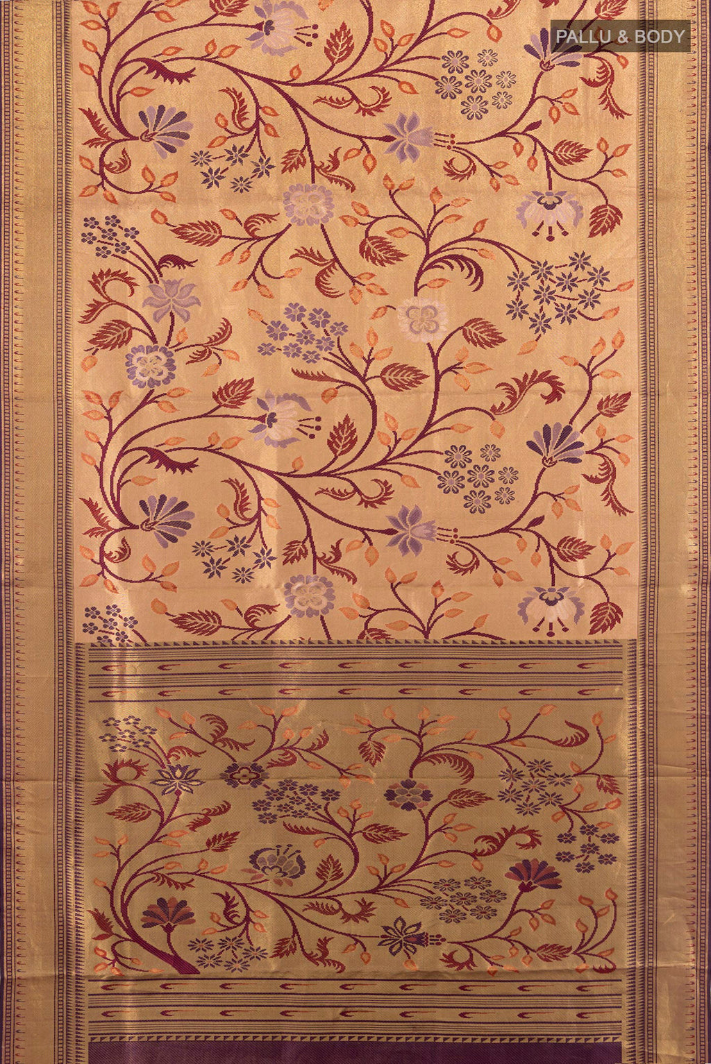 Flat view of Golden Kanchipuram Tissue Silk Saree with Zari Brocade on the body and Zari Border. 