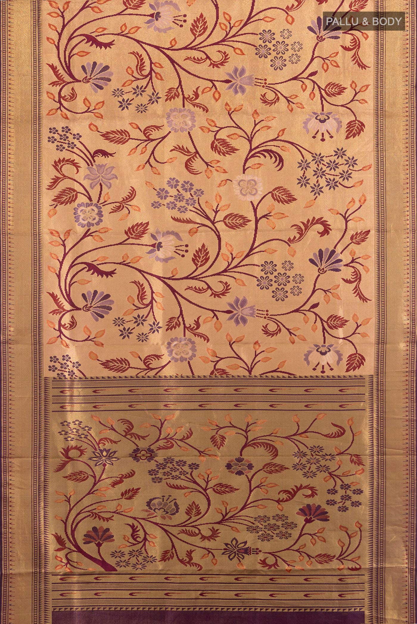 Flat view of Golden Kanchipuram Tissue Silk Saree with Zari Brocade on the body and Zari Border. 