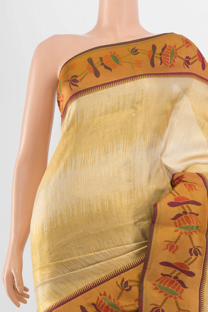 Border image of Golden Kanchipuram Silk Saree with Zari Butta on the body and Silk Border. 