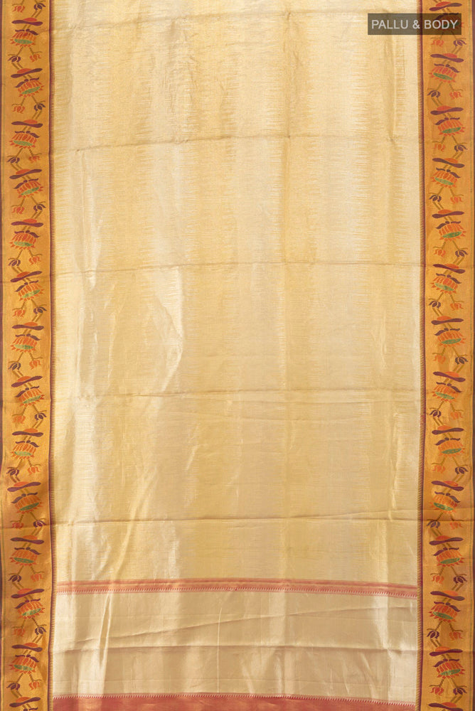 Flat view of Golden Kanchipuram Silk Saree with Zari Butta on the body and Silk Border. 