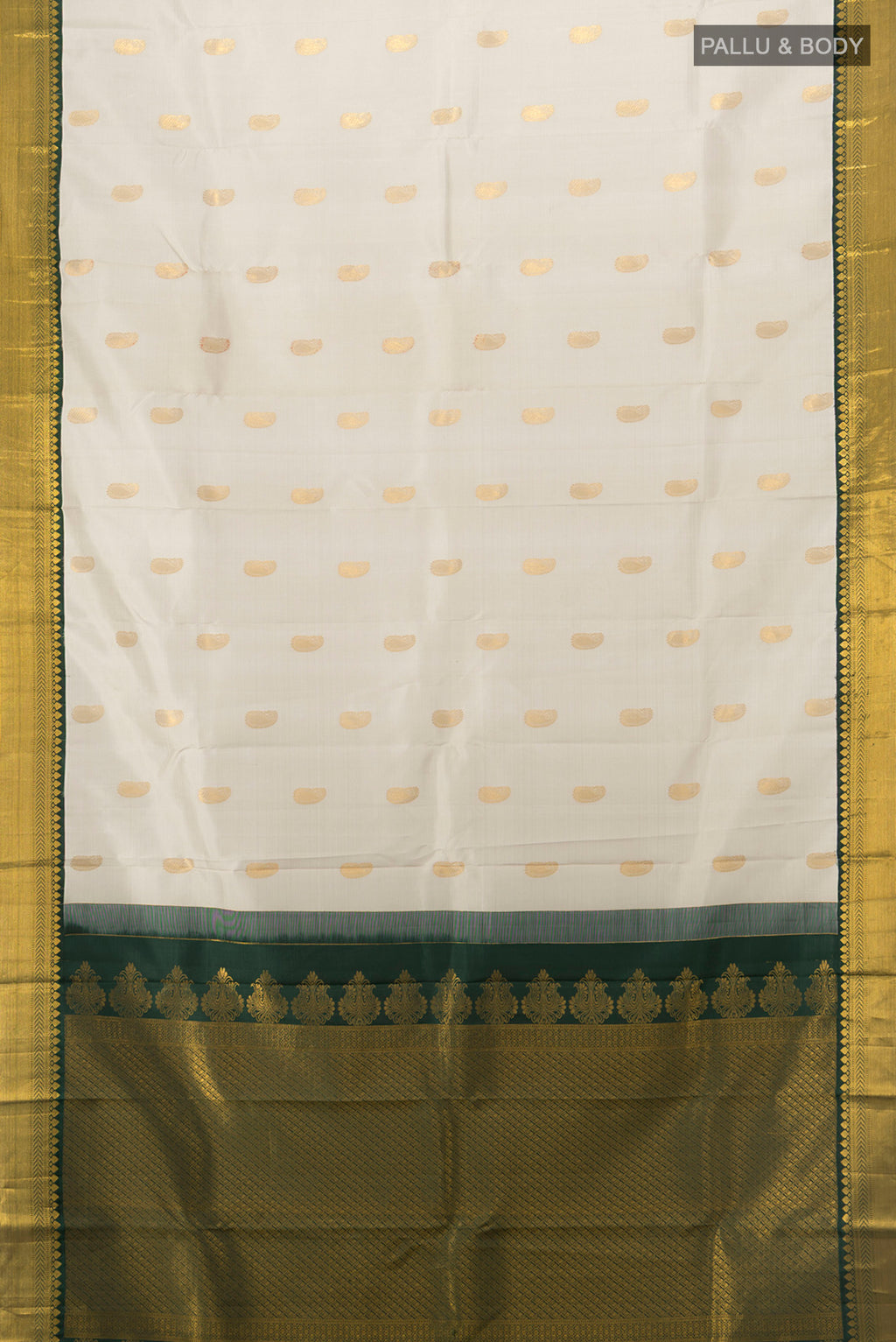 Flat view of Pure Silk Pure Zari Cream Kanchipuram Saree with Zari Butta on the body and Silk Border. 