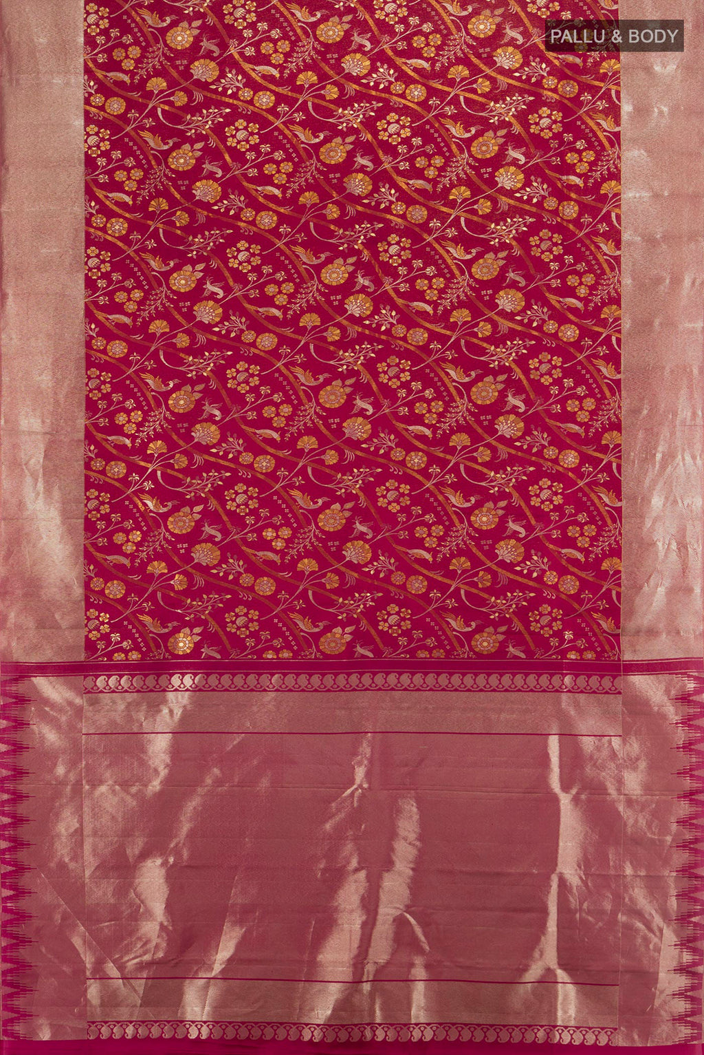 Flat view of Magenta Kanjivaram Silk Saree with Zari And Thread Butta on the body and Zari Border. 