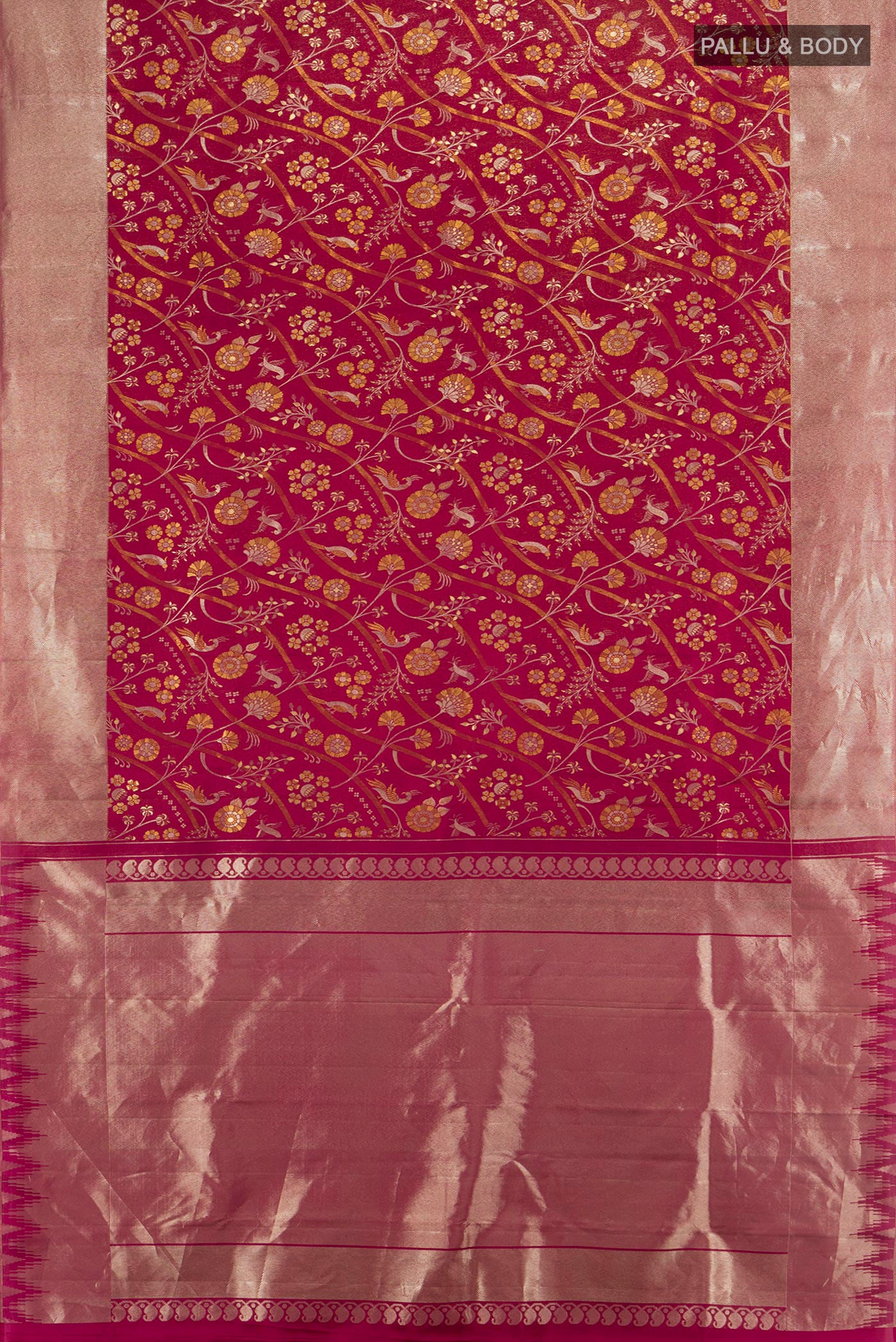 Flat view of Magenta Kanjivaram Silk Saree with Zari And Thread Butta on the body and Zari Border. 
