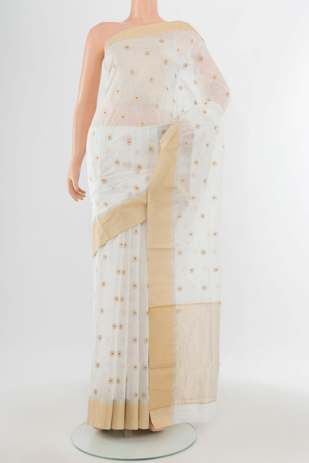 White Chanderi Silk Cotton Saree with Zari Butta on the body and Zari Border.  displayed on a mannequin