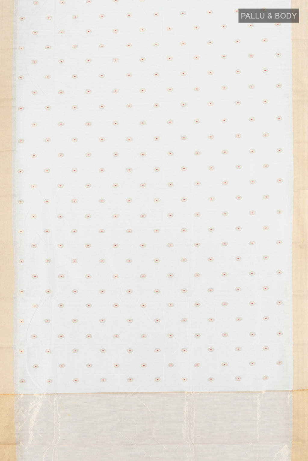 Flat view of White Chanderi Silk Cotton Saree with Zari Butta on the body and Zari Border. 