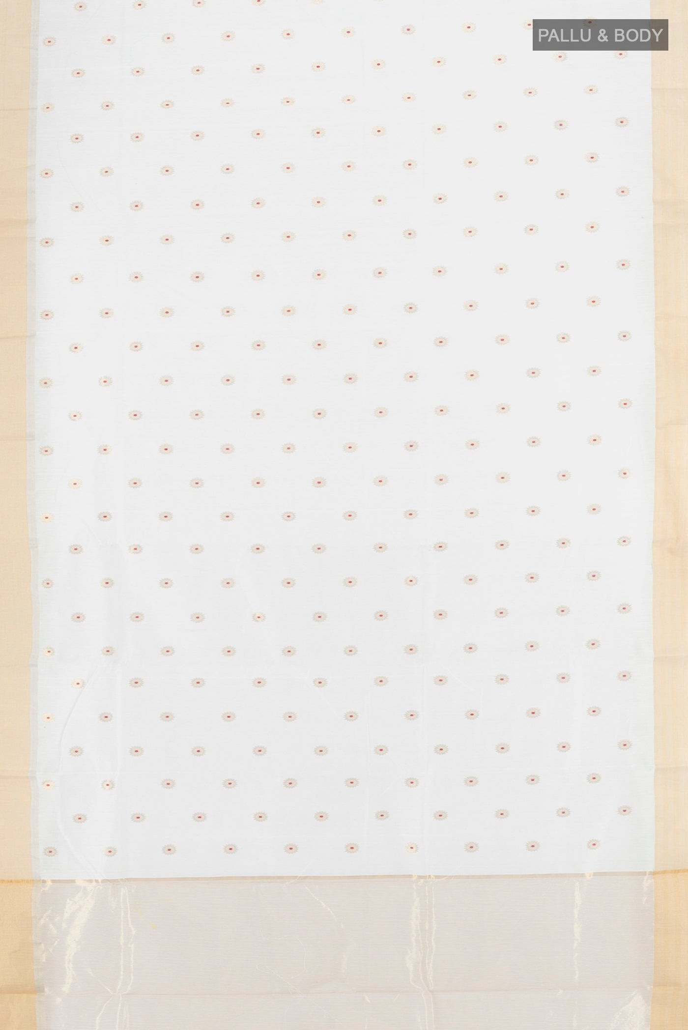 Flat view of White Chanderi Silk Cotton Saree with Zari Butta on the body and Zari Border. 