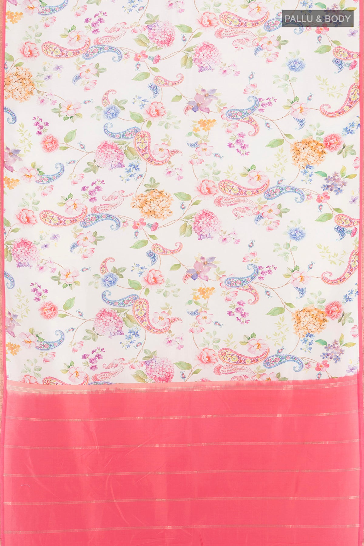 Flat view of Off White Printed Silk Saree with Floral Print on the body and Zari Border. 