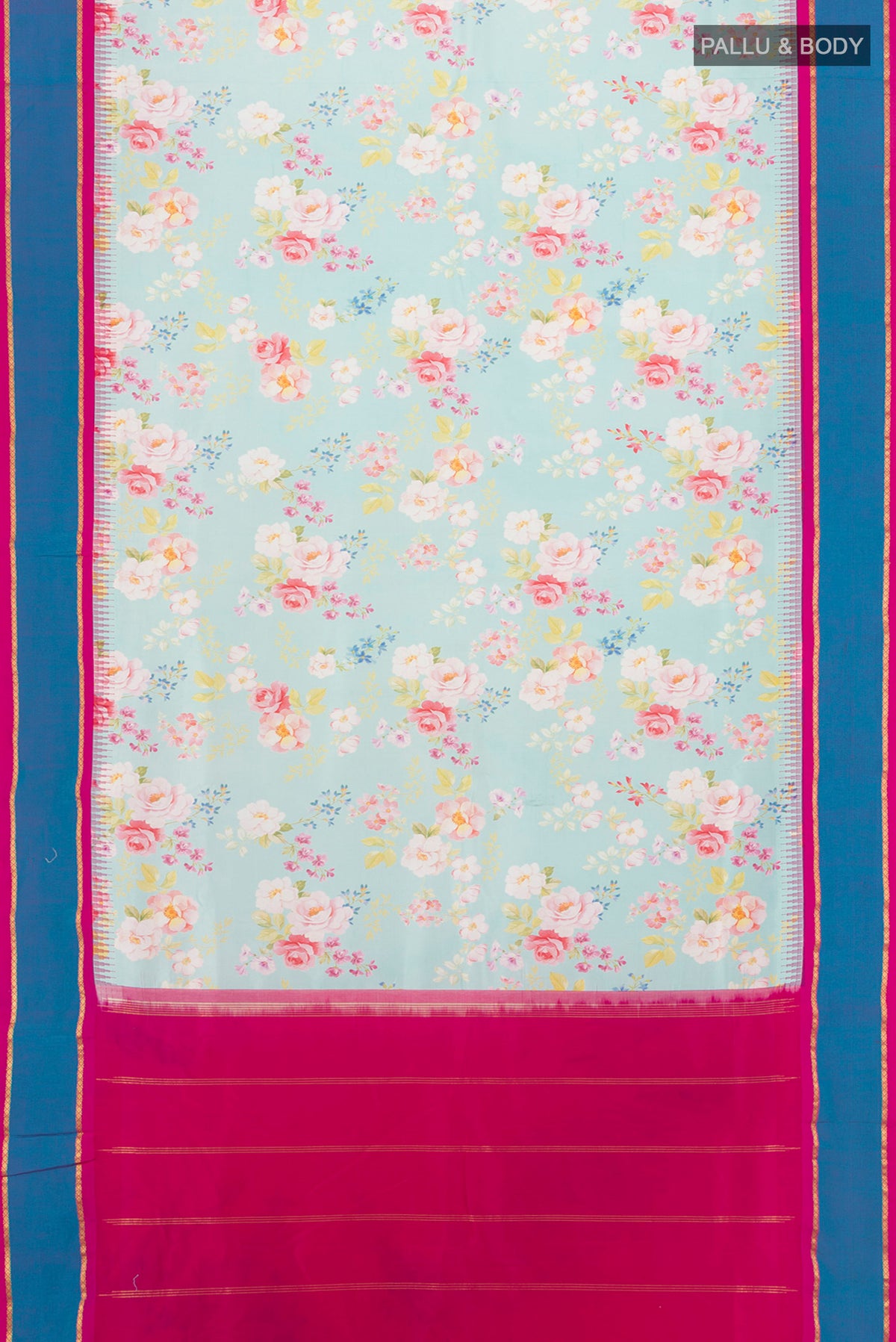 Flat view of Sky Blue Printed Silk Saree with Floral Print on the body and Rising Temple Border. 