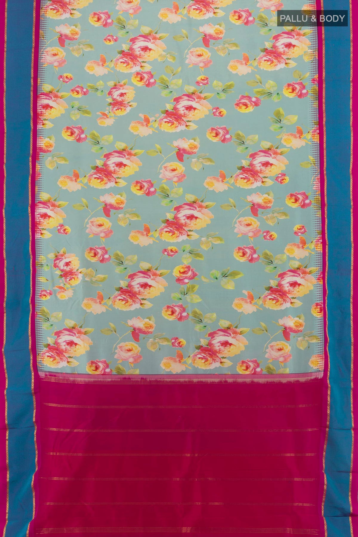 Flat view of Pure Silk Mint Green Printed Saree with Floral Print on the body and Plain Border. 