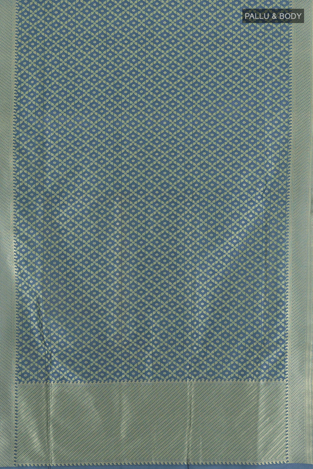 Flat view of Blue Grey Banarasi Silk Saree with Floral Print on the body and Zari Border. 