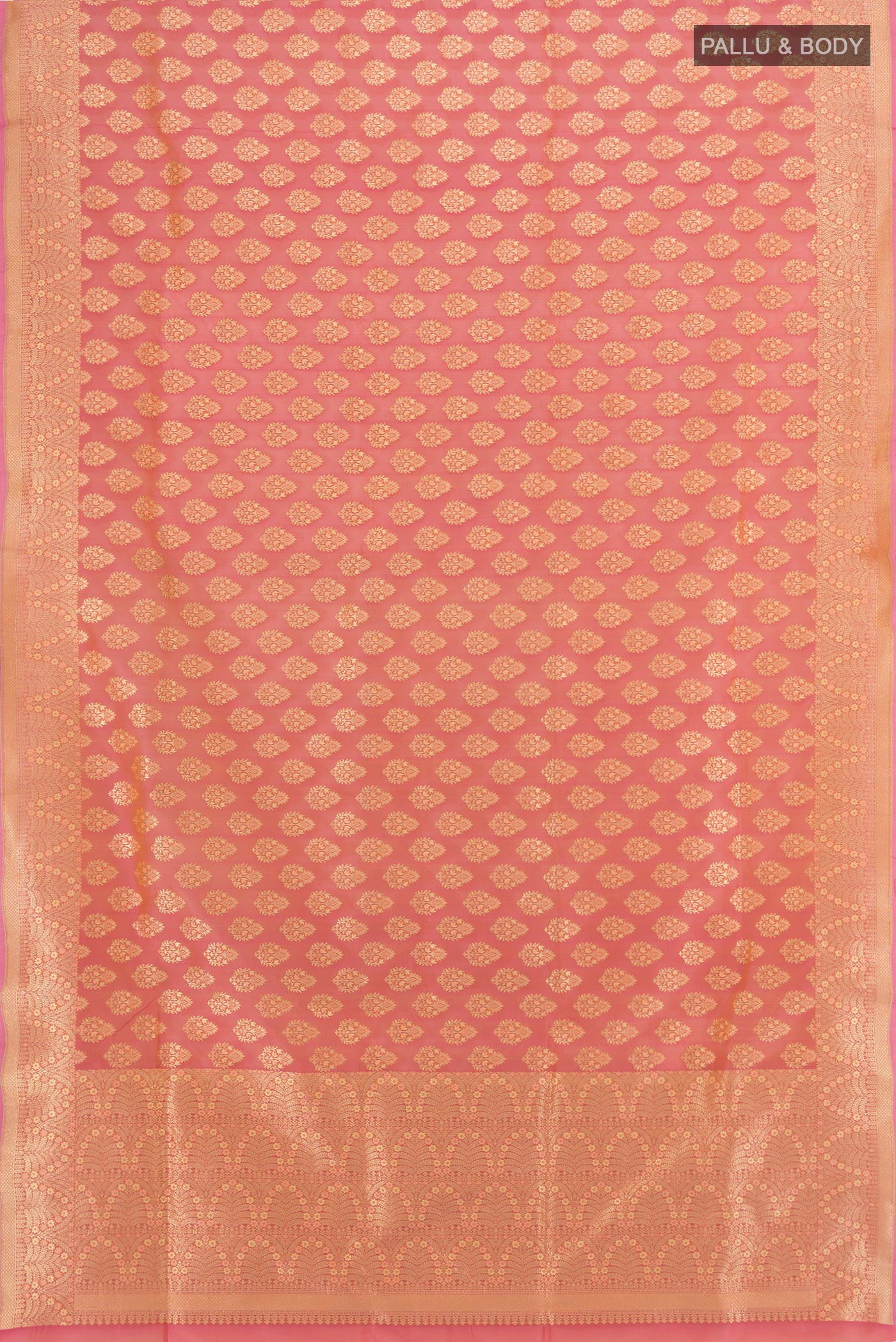 Flat view of Coral Banarasi Silk Saree with Zari Butta on the body and Zari Border. 