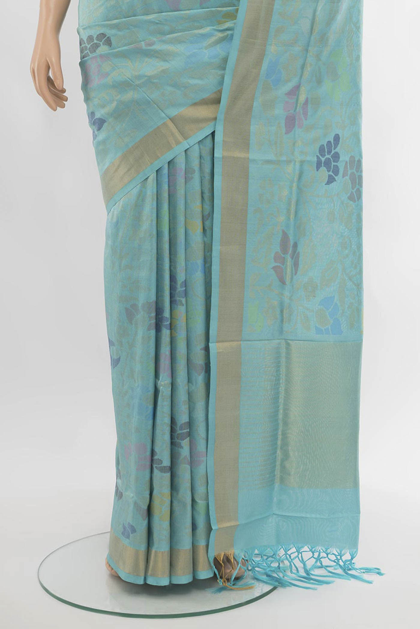 Pleats and pallu of Sky Blue Uppada Silk Saree with Zari Butta on the body and Silk Border. 