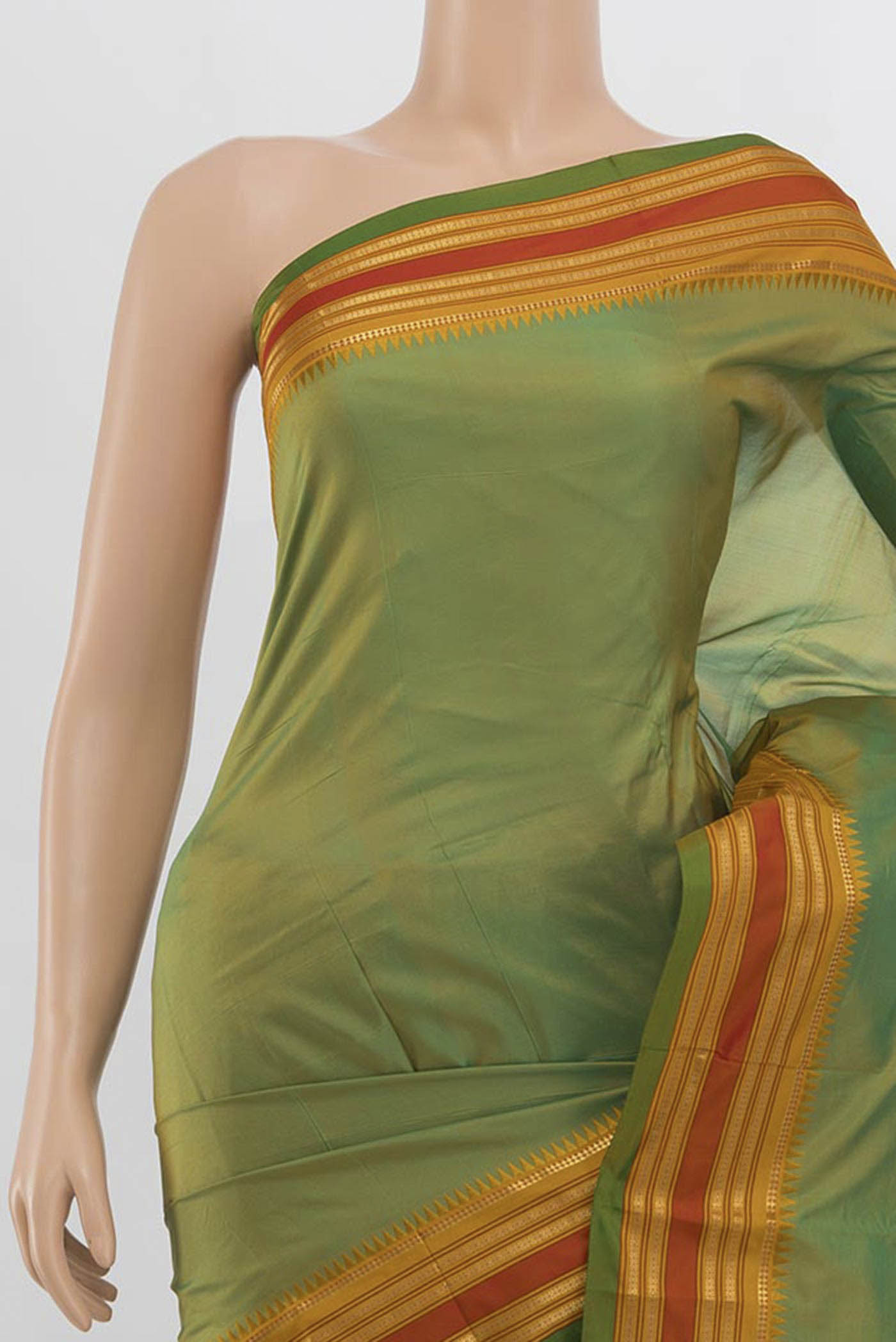 Border image of Parrot Green Narayanpet Silk Saree with Zari Butta on the body and Silk Border. 