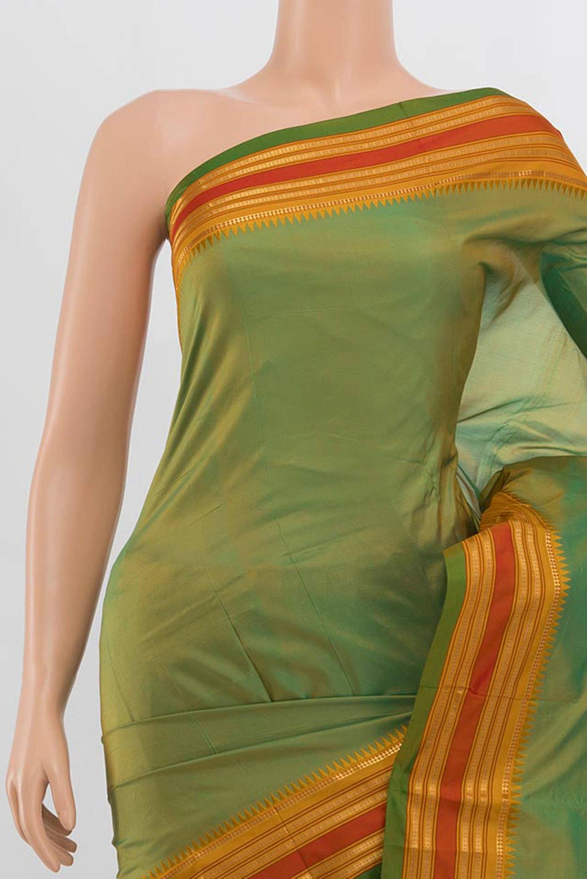 Border image of Parrot Green Narayanpet Silk Saree with Zari Butta on the body and Silk Border. 