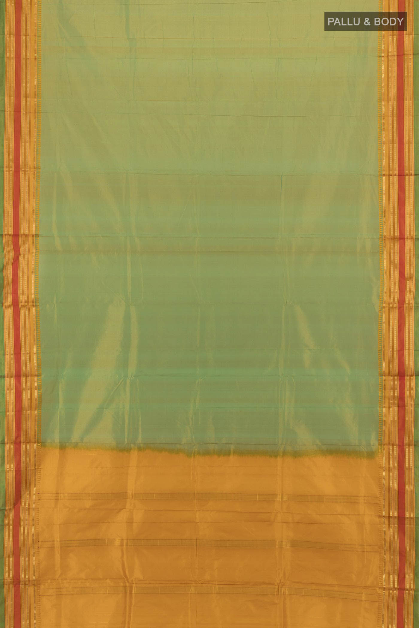 Flat view of Parrot Green Narayanpet Silk Saree with Zari Butta on the body and Silk Border. 
