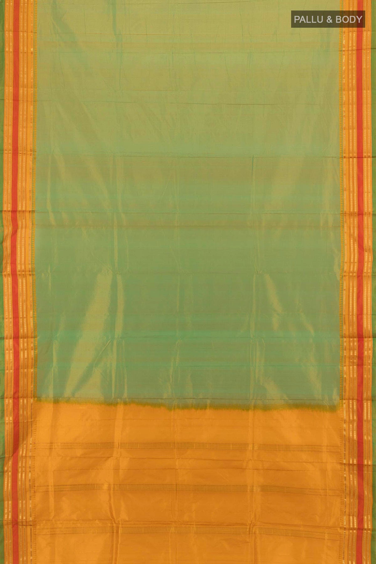 Flat view of Parrot Green Narayanpet Silk Saree with Zari Butta on the body and Silk Border. 