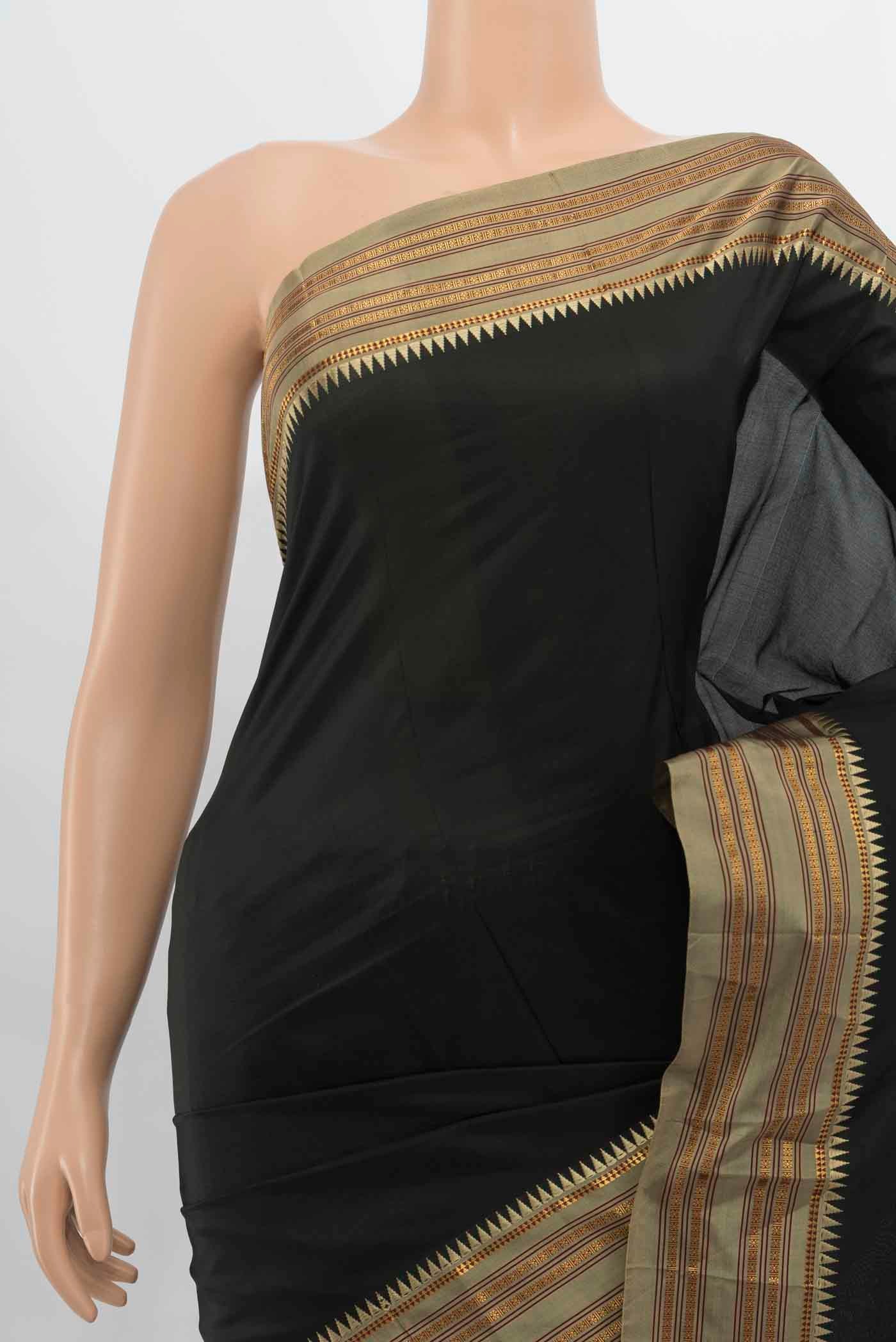 Border image of Black Narayanpet Silk Saree with Zari Butta on the body and Silk Border. 