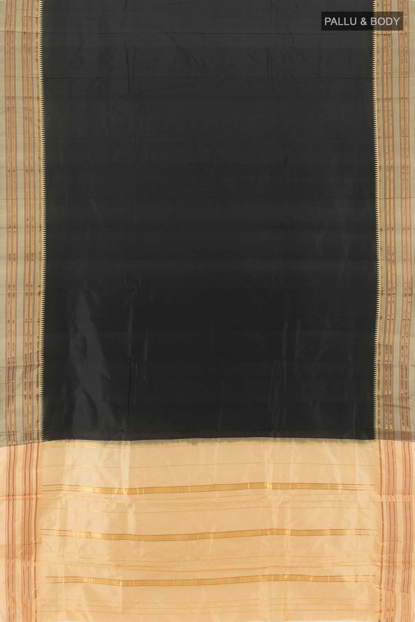 Flat view of Black Narayanpet Silk Saree with Zari Butta on the body and Silk Border. 