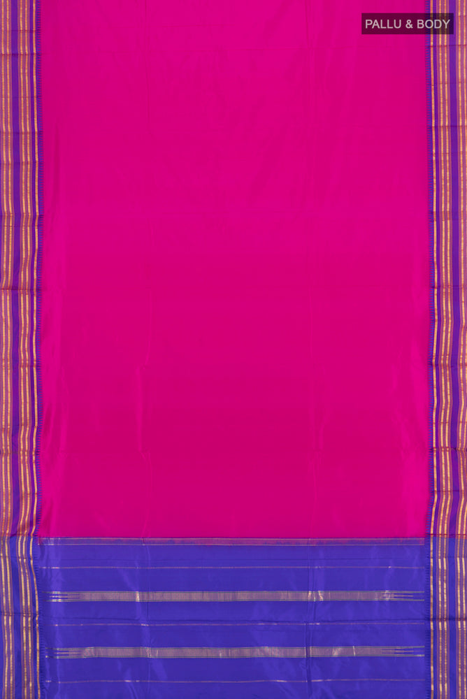 Flat view of Magenta Narayanpet Silk Saree with Zari Butta on the body and Silk Border. 