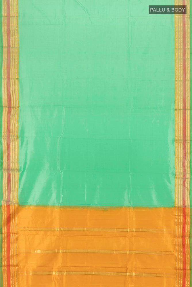 Flat view of Pure Silk Pure Zari Light Green Narayanpet Saree with Plain Body and Silk Border. 