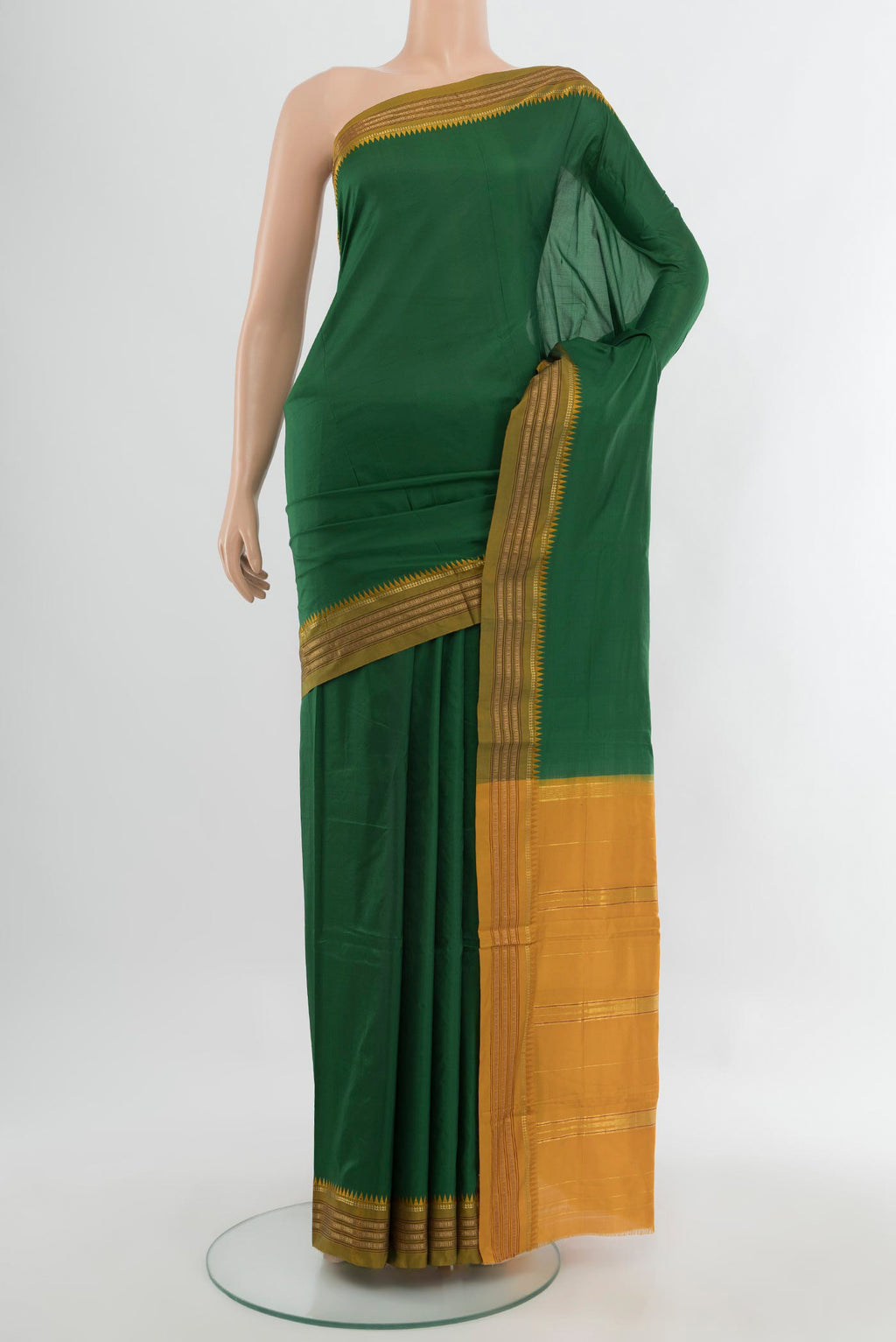 Mint Green Narayanpet Silk Saree with Plain Body and Silk Border.  displayed on a mannequin