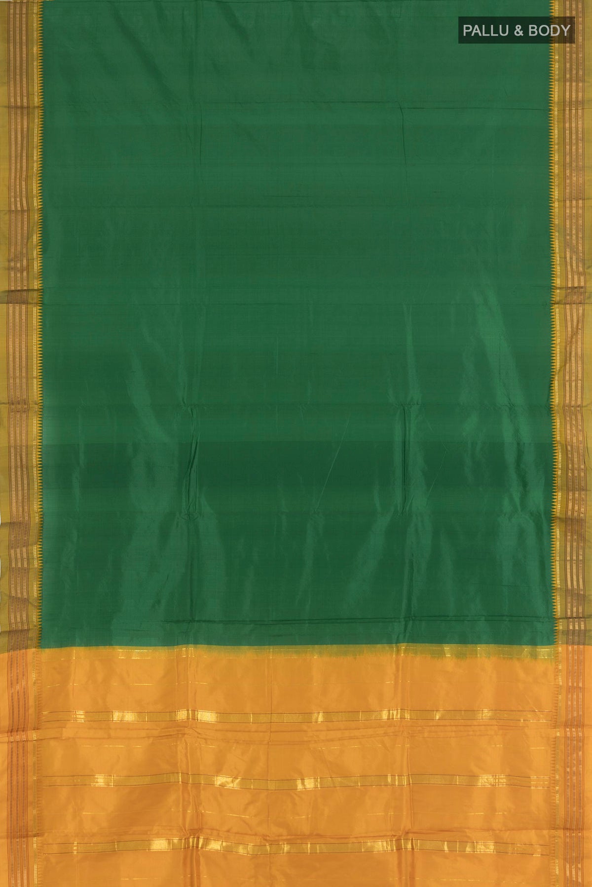 Flat view of Mint Green Narayanpet Silk Saree with Plain Body and Silk Border. 