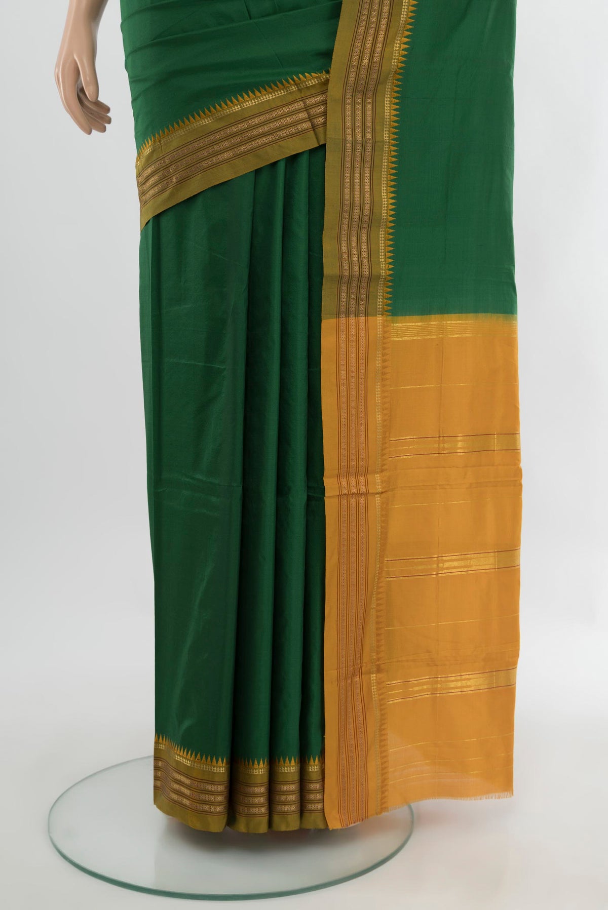 Pleats and pallu of Mint Green Narayanpet Silk Saree with Plain Body and Silk Border. 