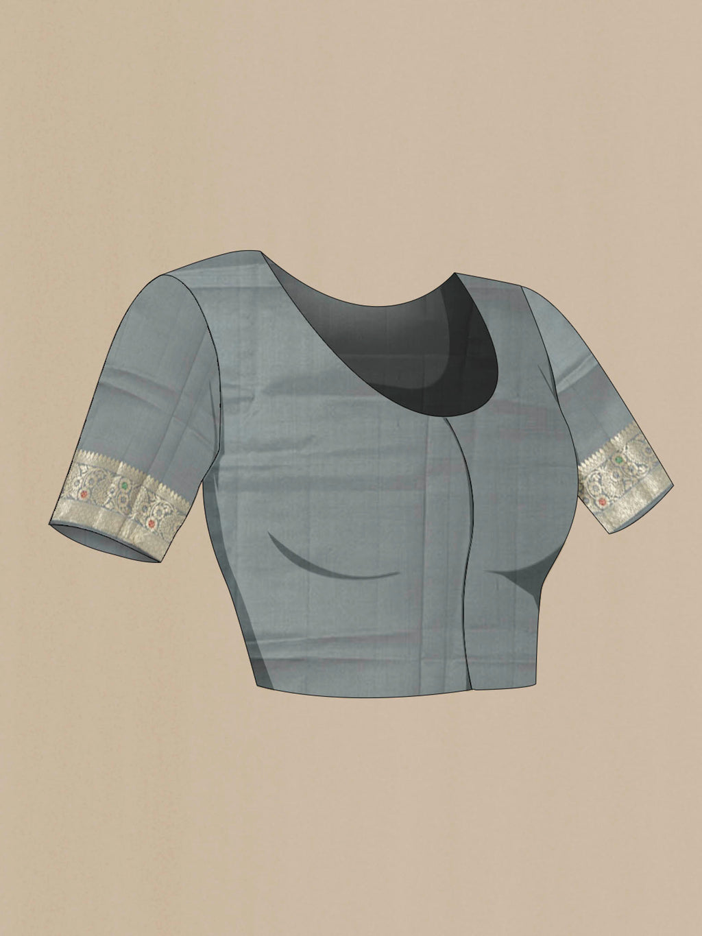 Close up image of the blouse of Grey Banarasi Raw Silk Saree with Zari Butta on the body and Silk Border