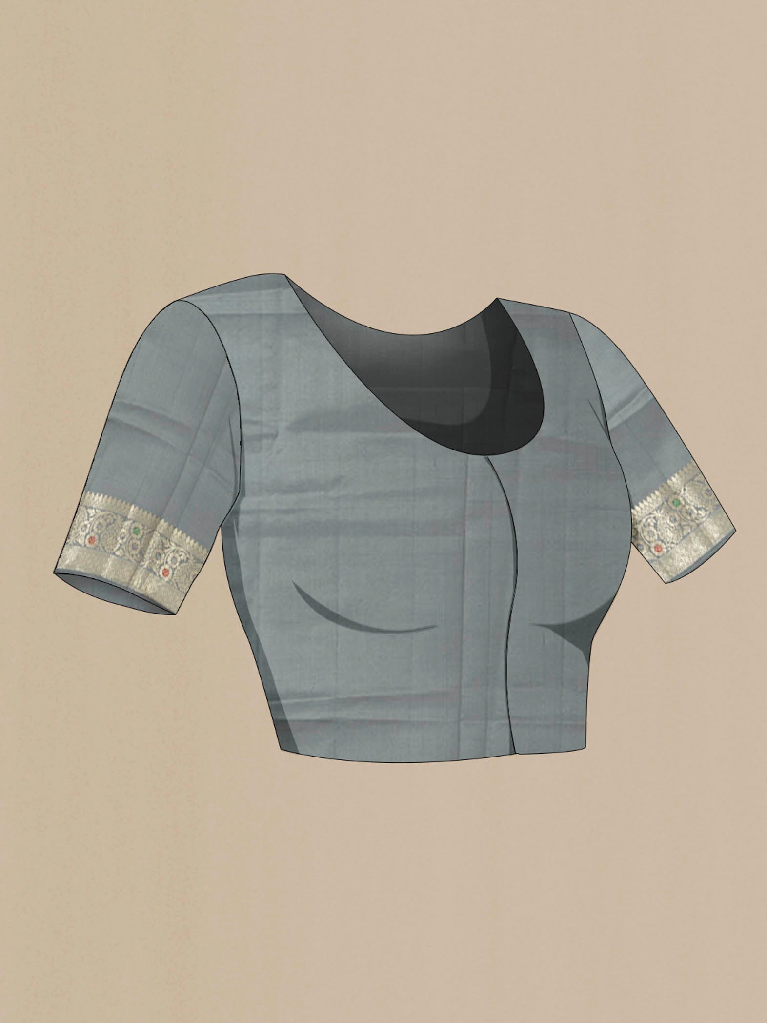 Close up image of the blouse of Grey Banarasi Raw Silk Saree with Zari Butta on the body and Silk Border