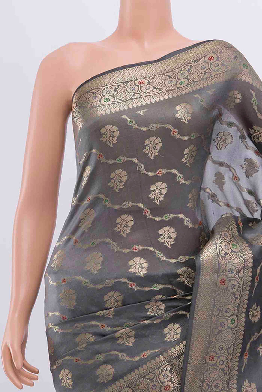 Border image of Grey Banarasi Raw Silk Saree with Zari Butta on the body and Silk Border