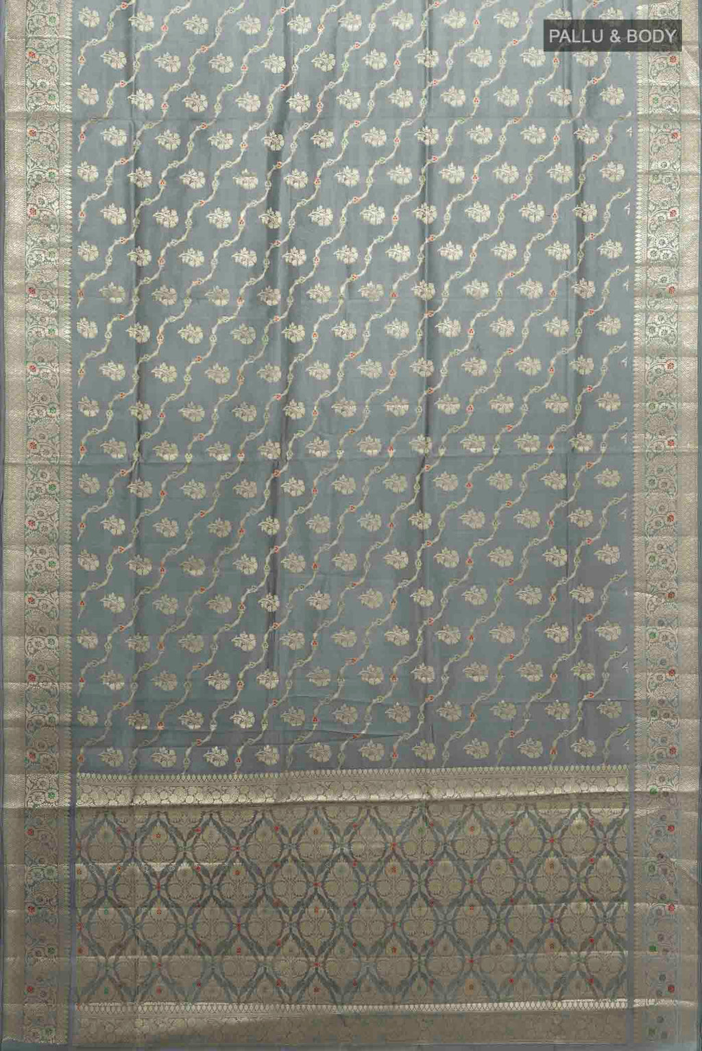 Flat view of Grey Banarasi Raw Silk Saree with Zari Butta on the body and Silk Border