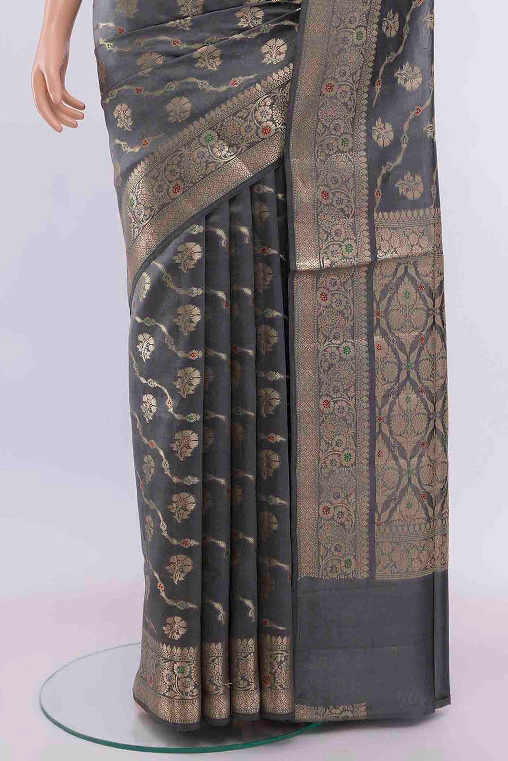 Pleats and pallu of Grey Banarasi Raw Silk Saree with Zari Butta on the body and Silk Border