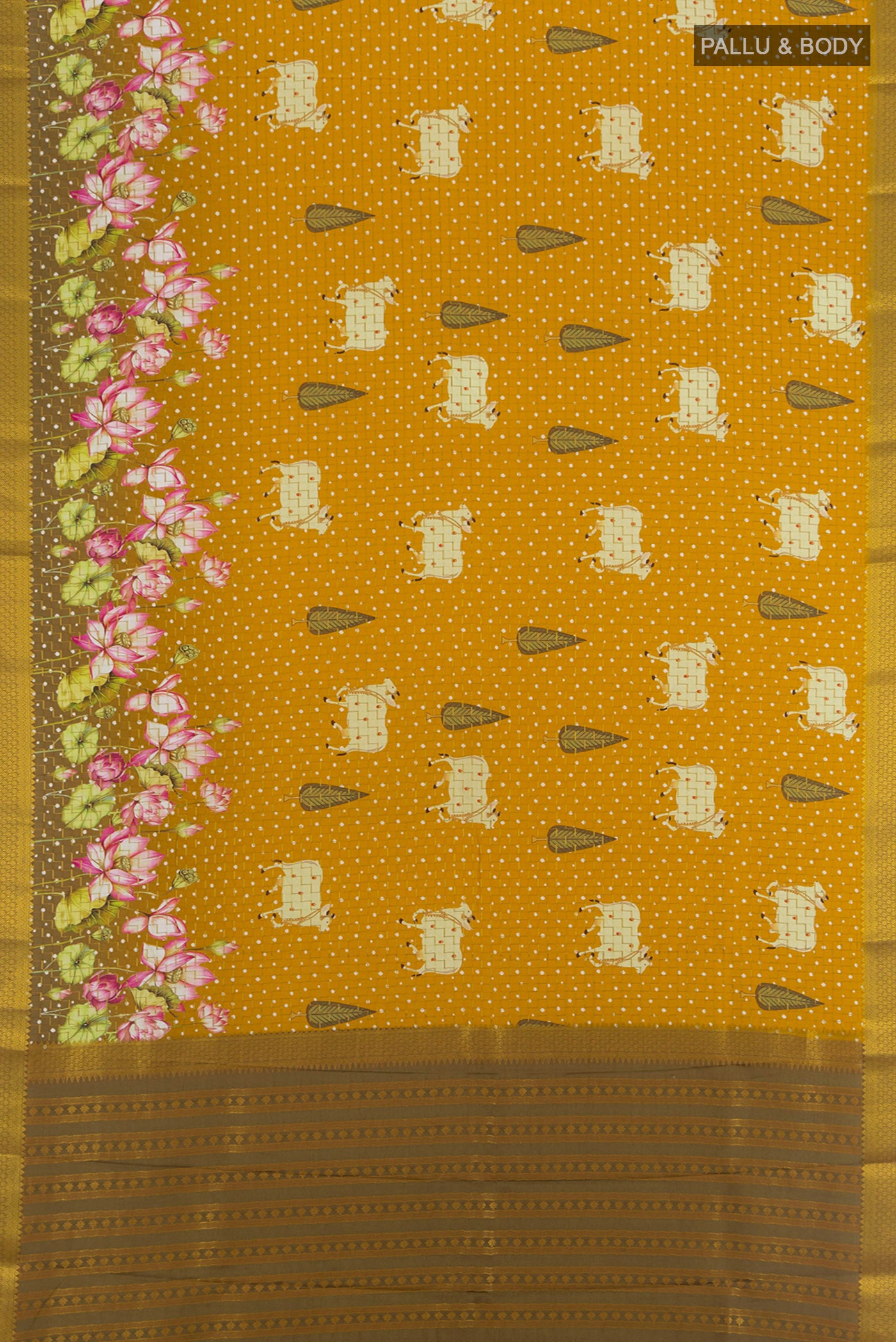 Flat view of Mustard Mysore Crepe Saree with Floral Print on the body and Zari Border. 