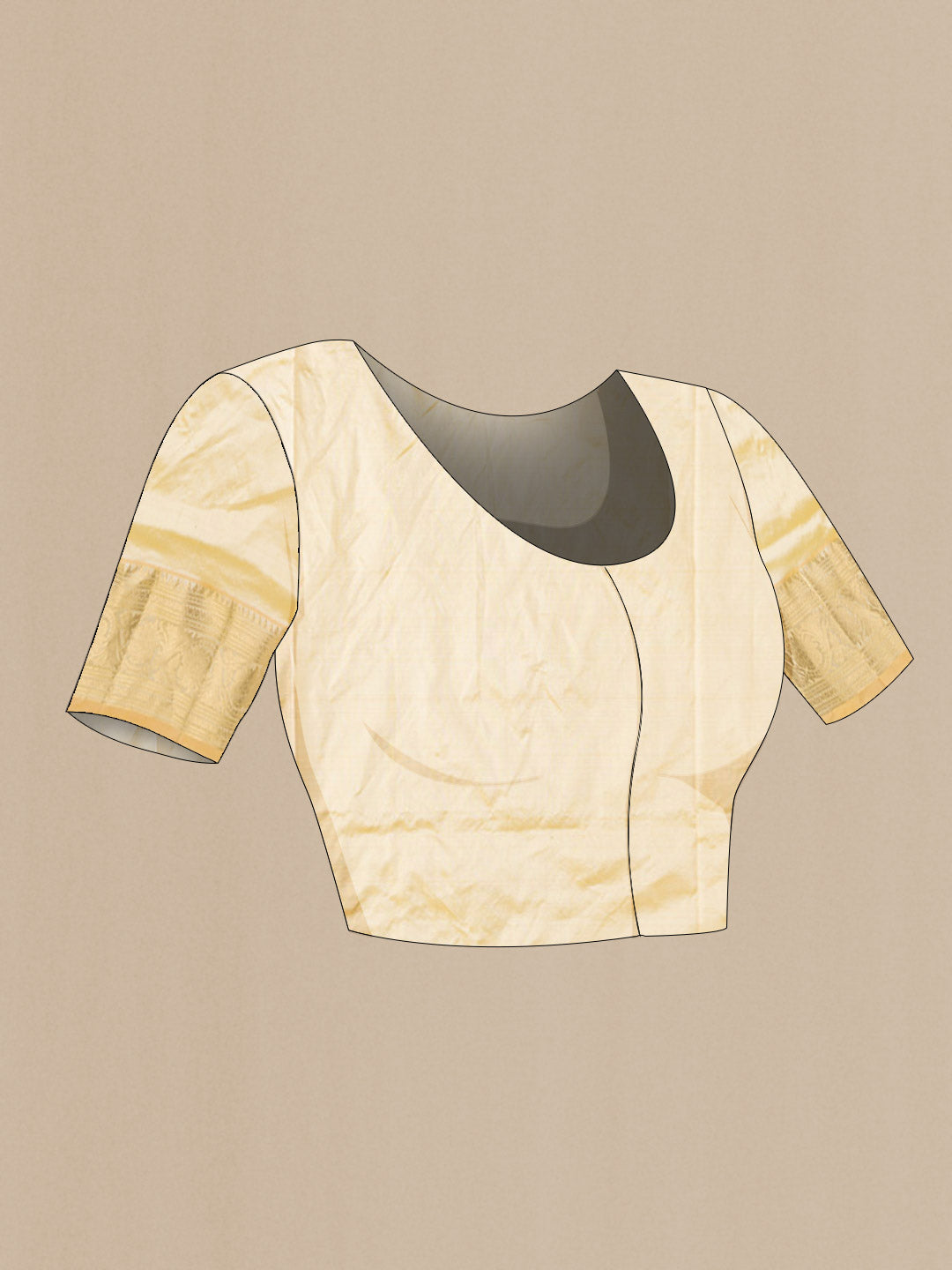 Close up image of the blouse of Beige Bangalore Silk Saree with Zari Butta on the body and Zari Border
