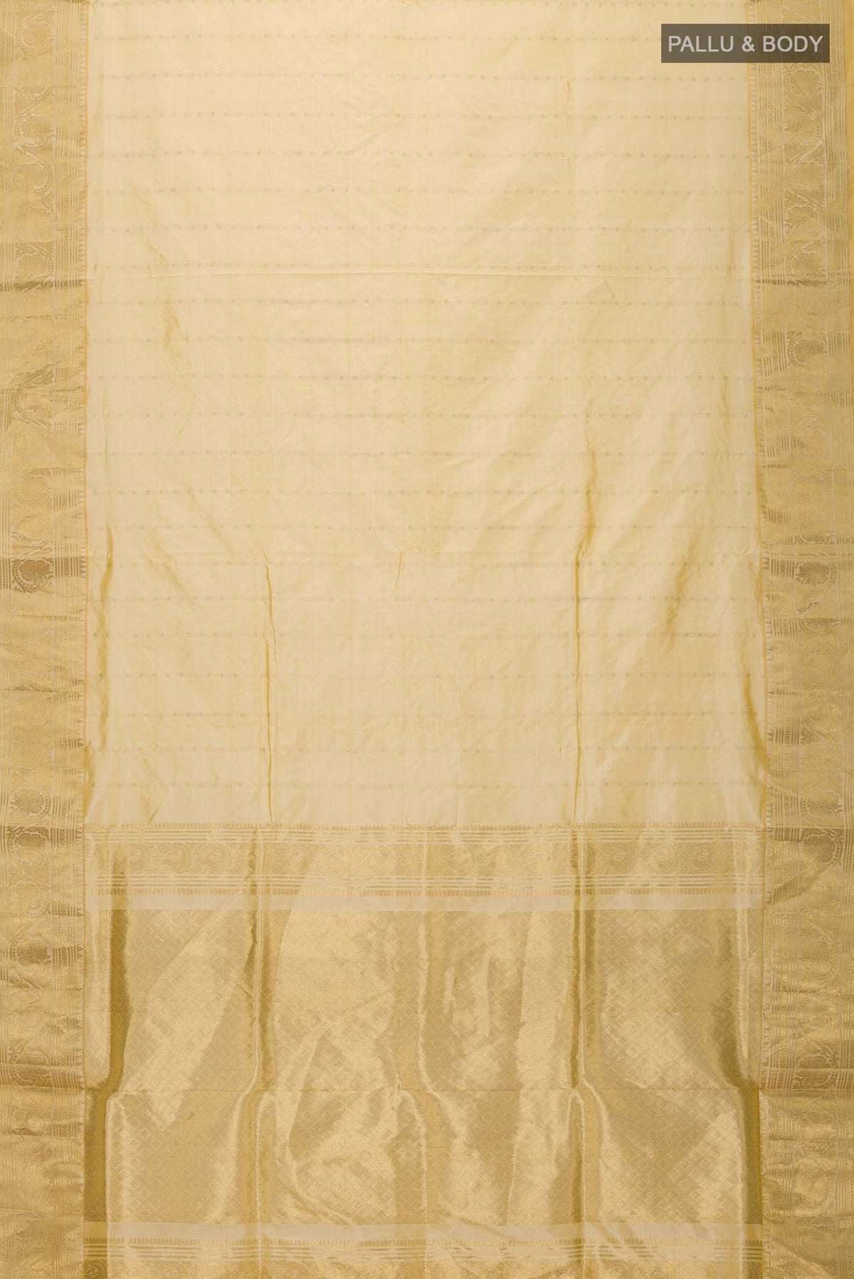 Flat view of Beige Bangalore Silk Saree with Zari Butta on the body and Zari Border