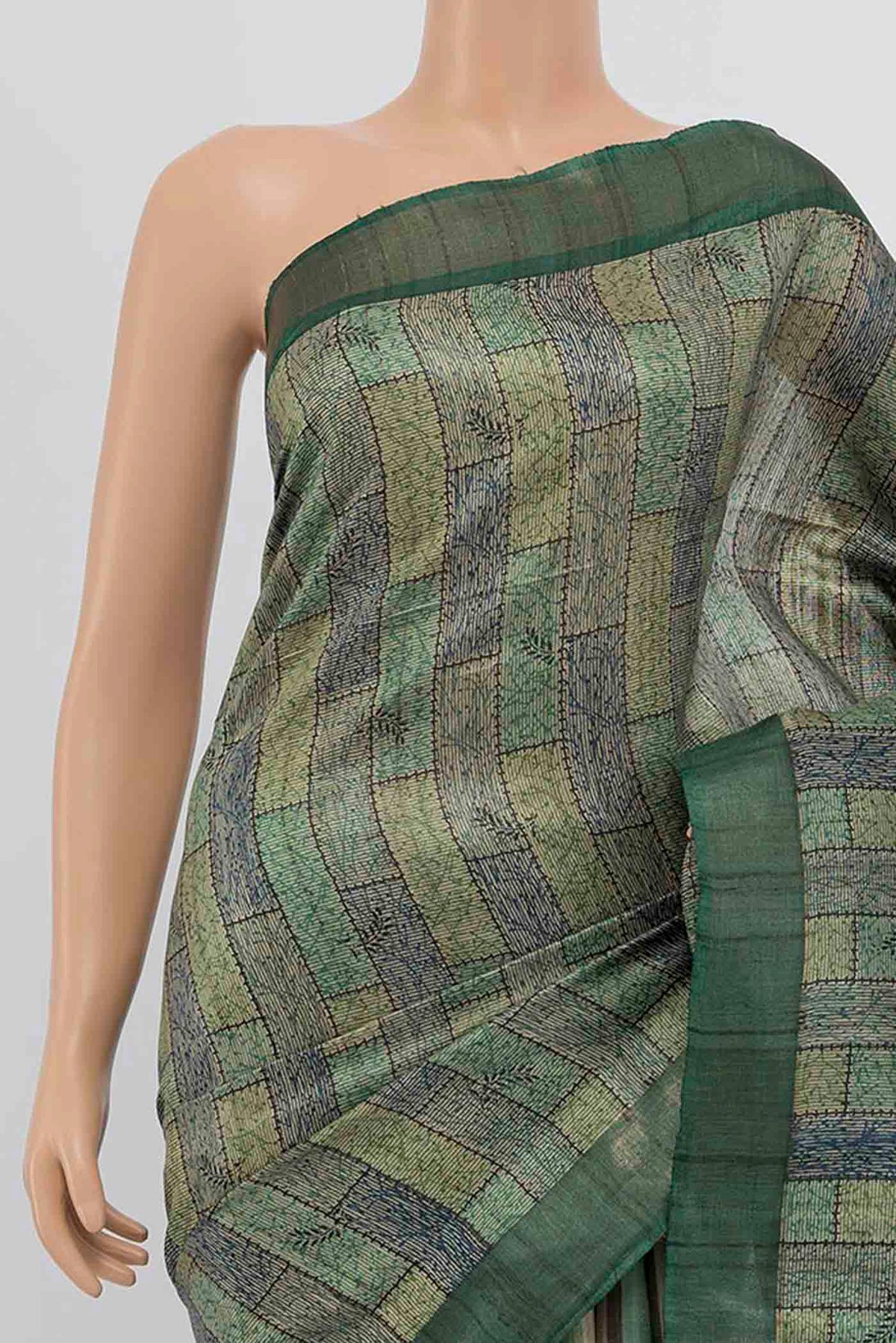 Border image of Light Green Tussar Silk Saree with Floral Print on the body and Zari Border