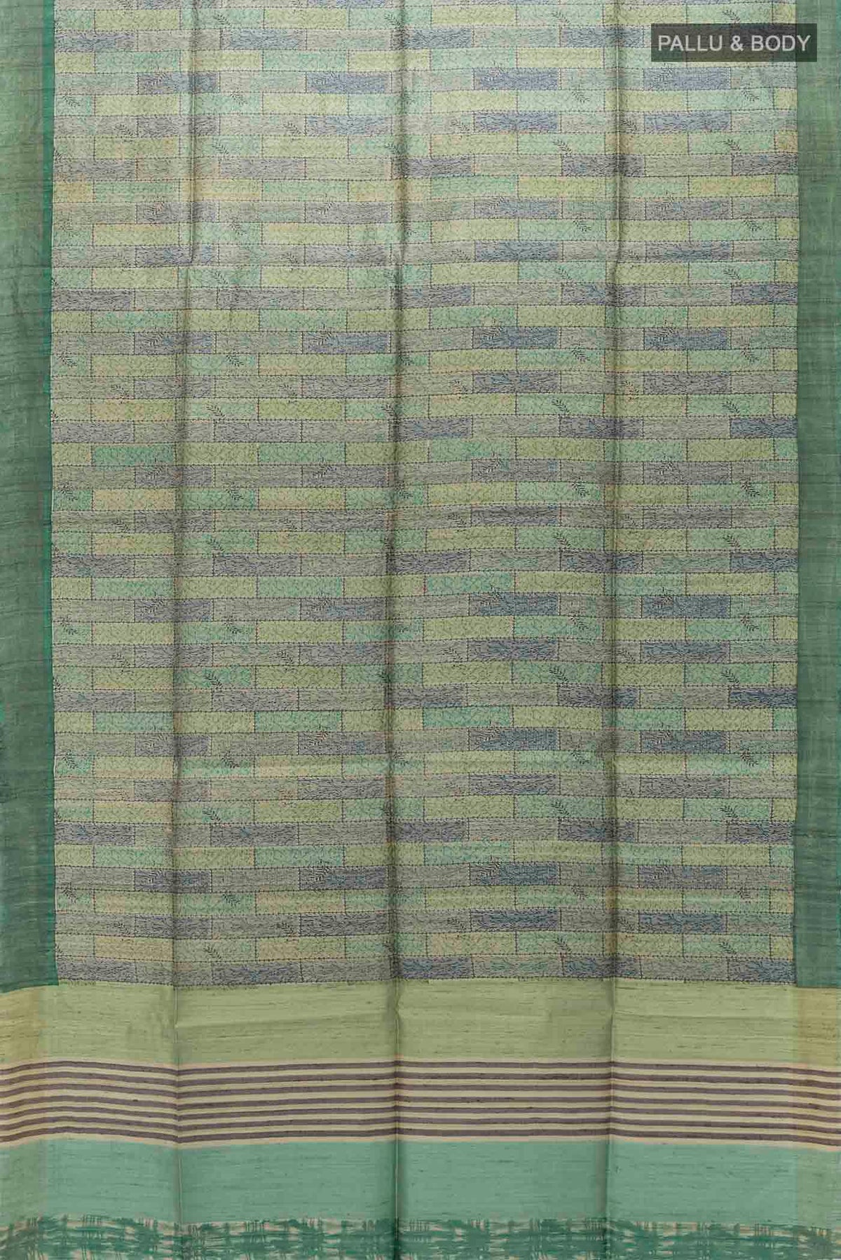 Flat view of Light Green Tussar Silk Saree with Floral Print on the body and Zari Border