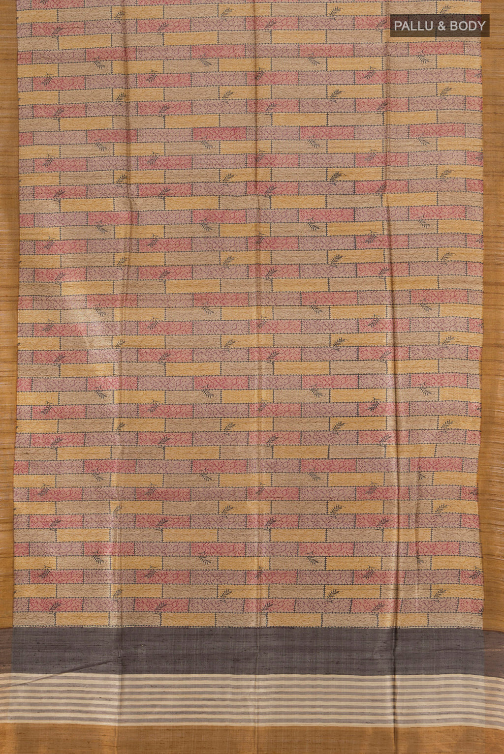 Flat view of Multi Color Tussar Silk Saree with Floral Print on the body and Plain Border. 