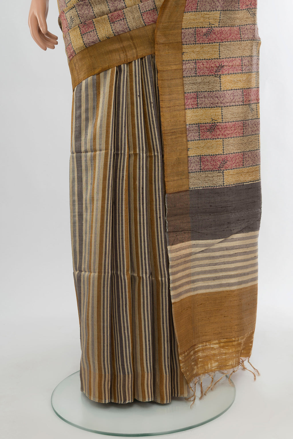 Pleats and pallu of Multi Color Tussar Silk Saree with Floral Print on the body and Plain Border. 