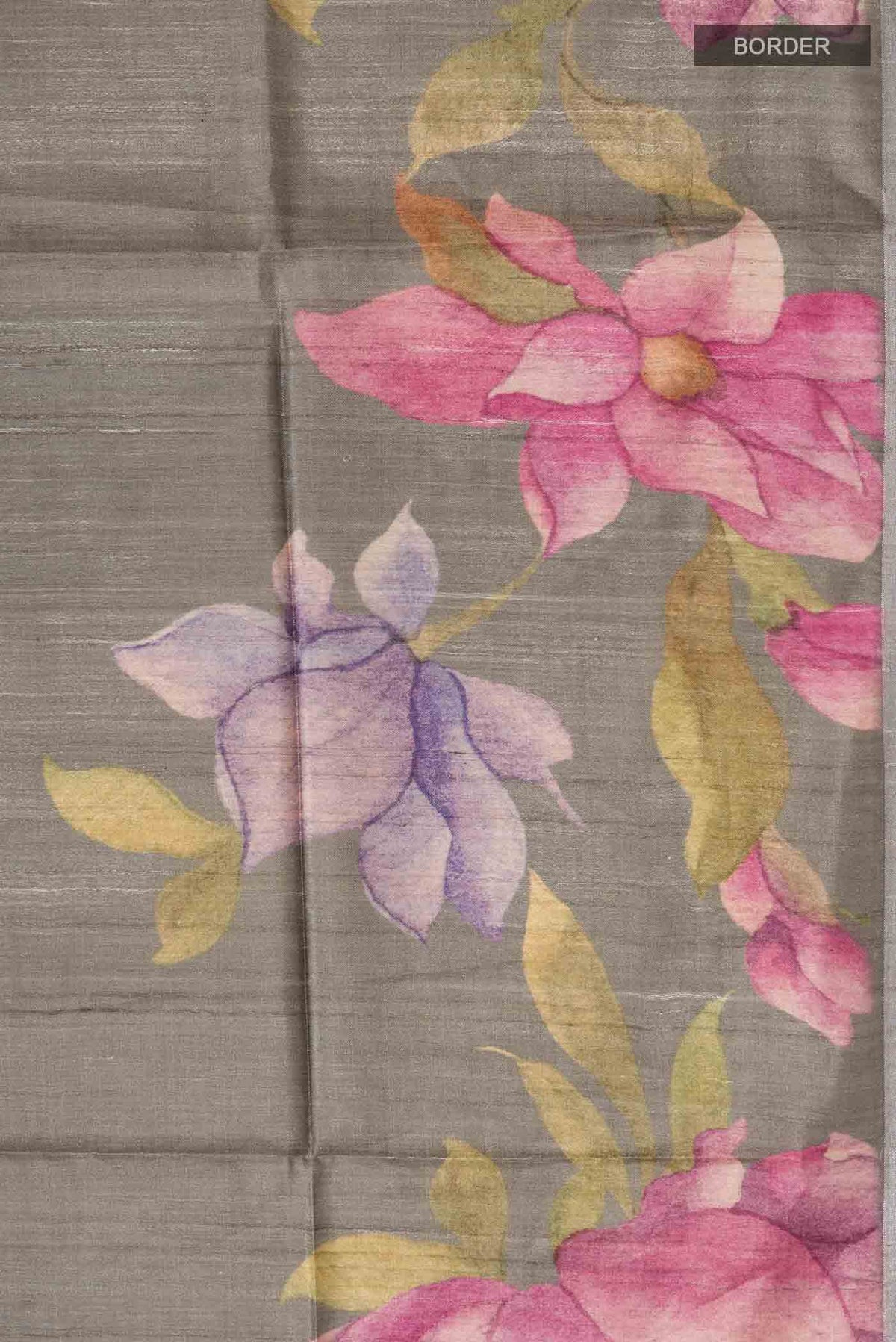 Border image of Grey Tussar Saree with Plain Body and Zari Border