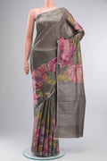 Grey Tussar Saree with Plain Body and Zari Border displayed on a mannequin