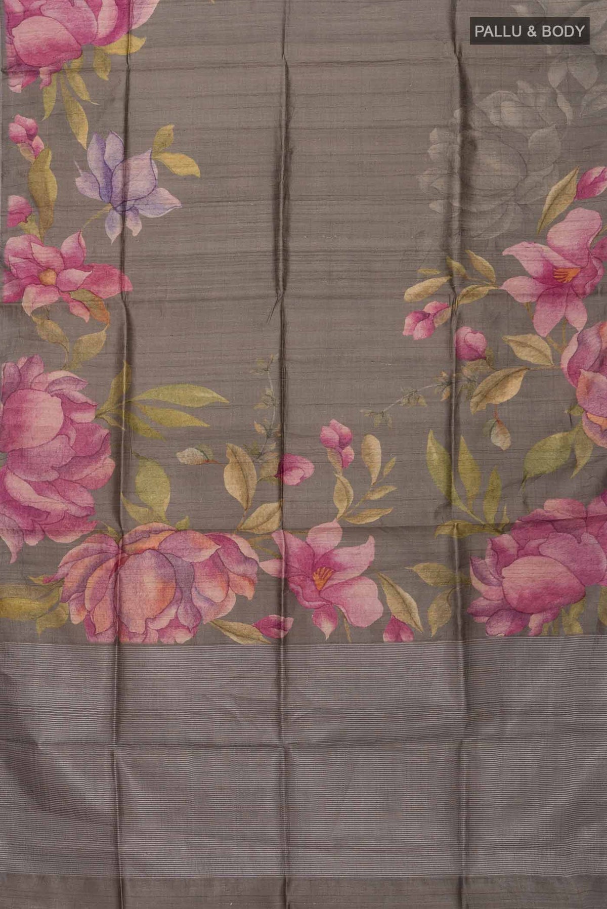 Flat view of Grey Tussar Saree with Plain Body and Zari Border