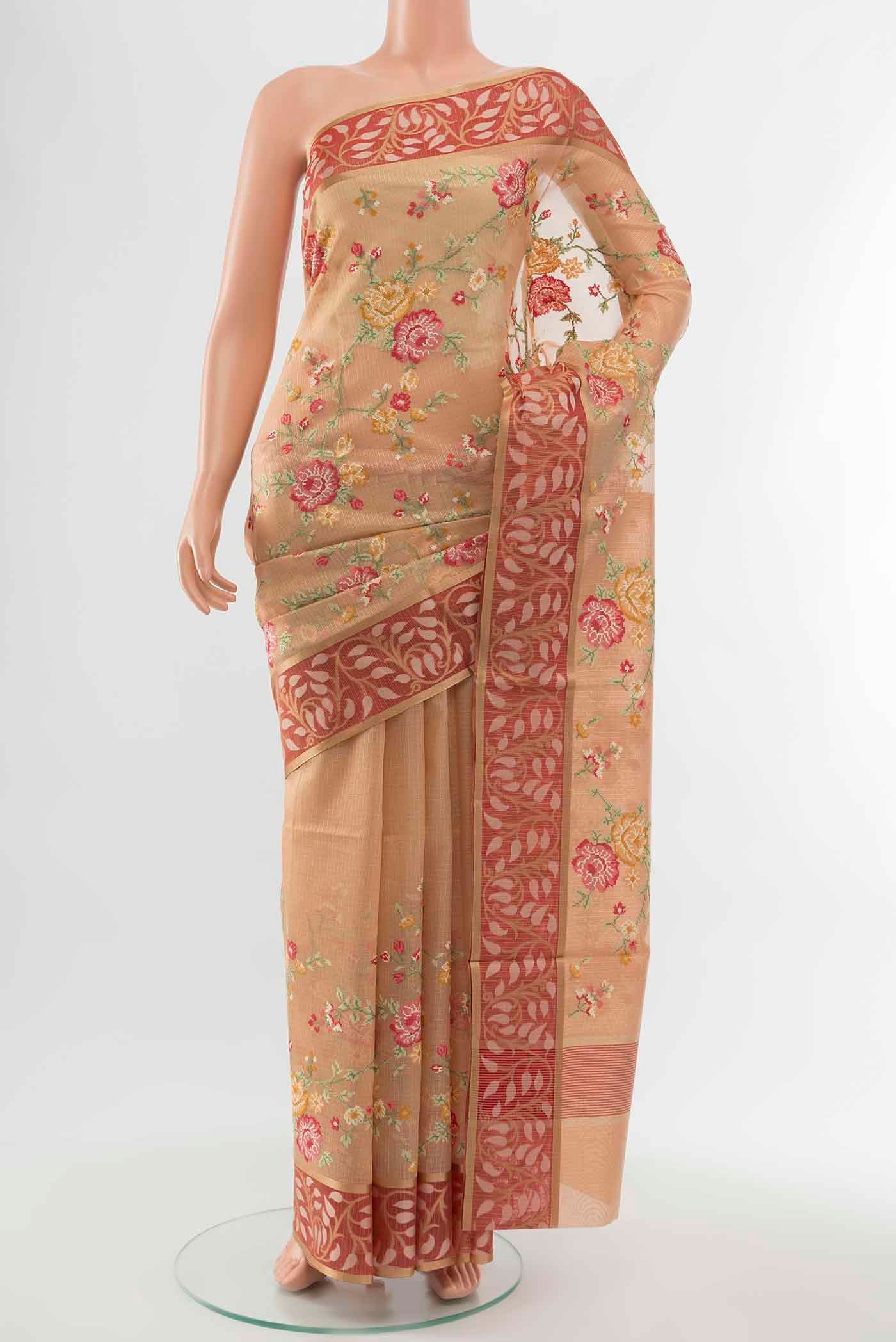 Beige Art Silk Saree with Zari Butta on the body and Silk Border displayed on a mannequin