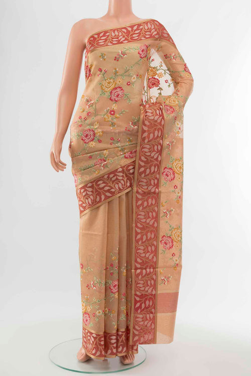 Beige Art Silk Saree with Zari Butta on the body and Silk Border displayed on a mannequin