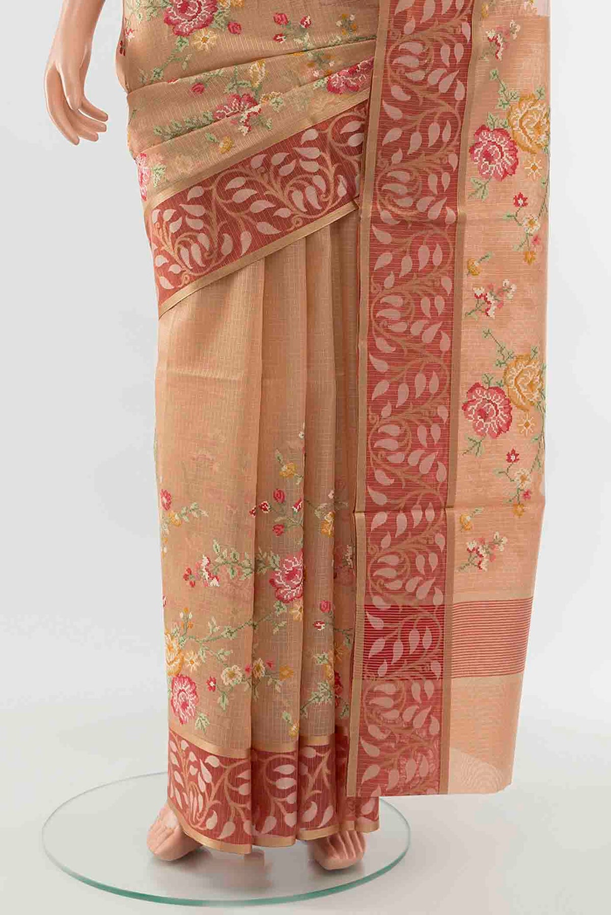 Pleats and pallu of Beige Art Silk Saree with Zari Butta on the body and Silk Border