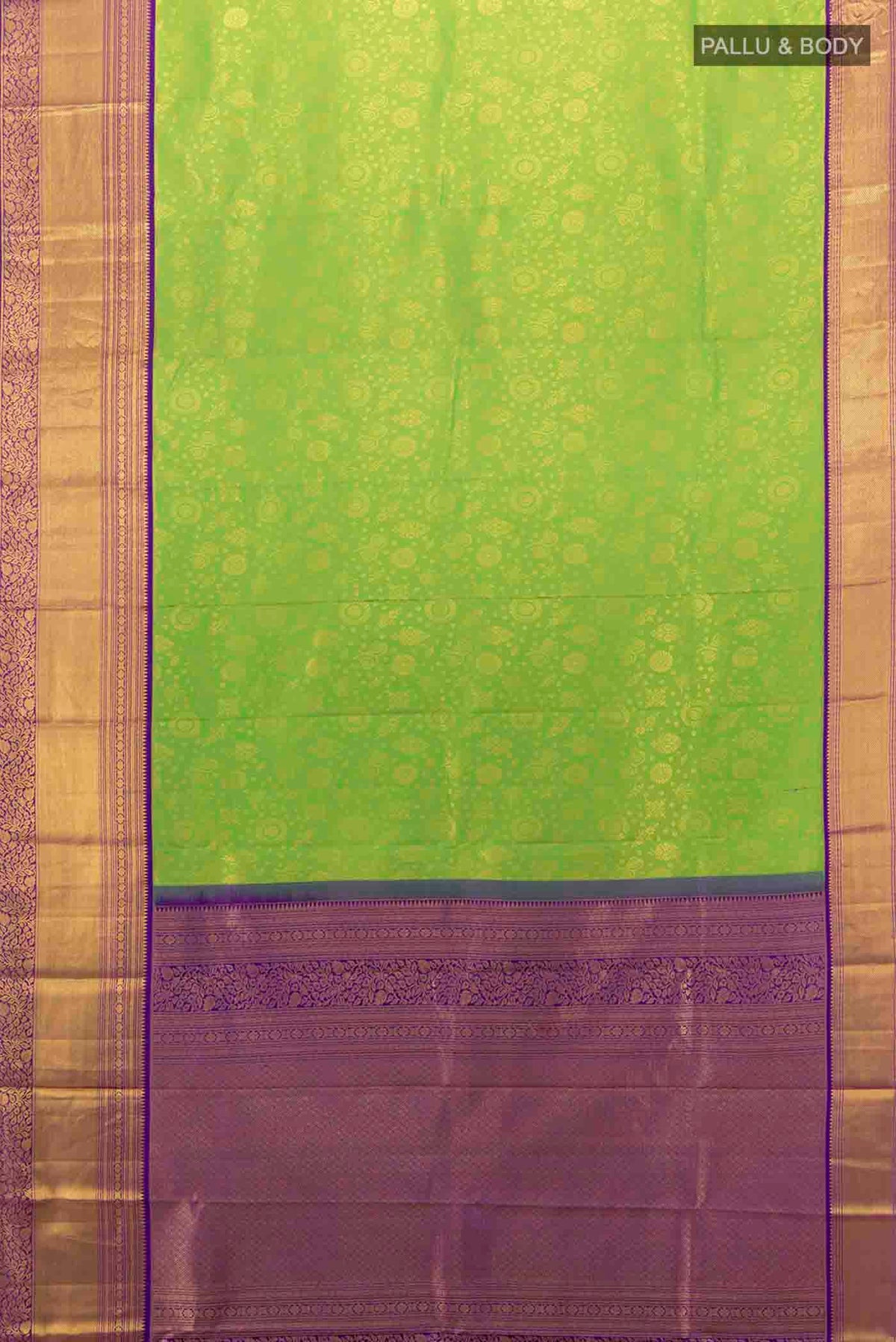 Flat view of Parrot Green Kanchipuram Silk Saree with Zari Butta on the body and Silk Border