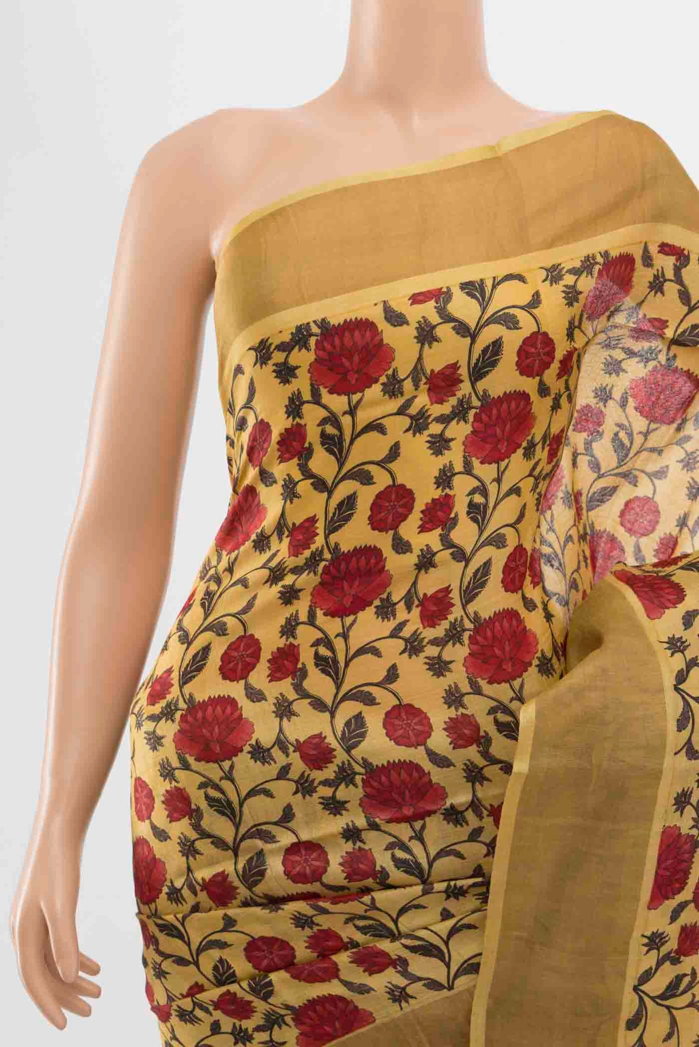 Border image of Mustard Tussar Saree with Floral Print on the body and Silk Border