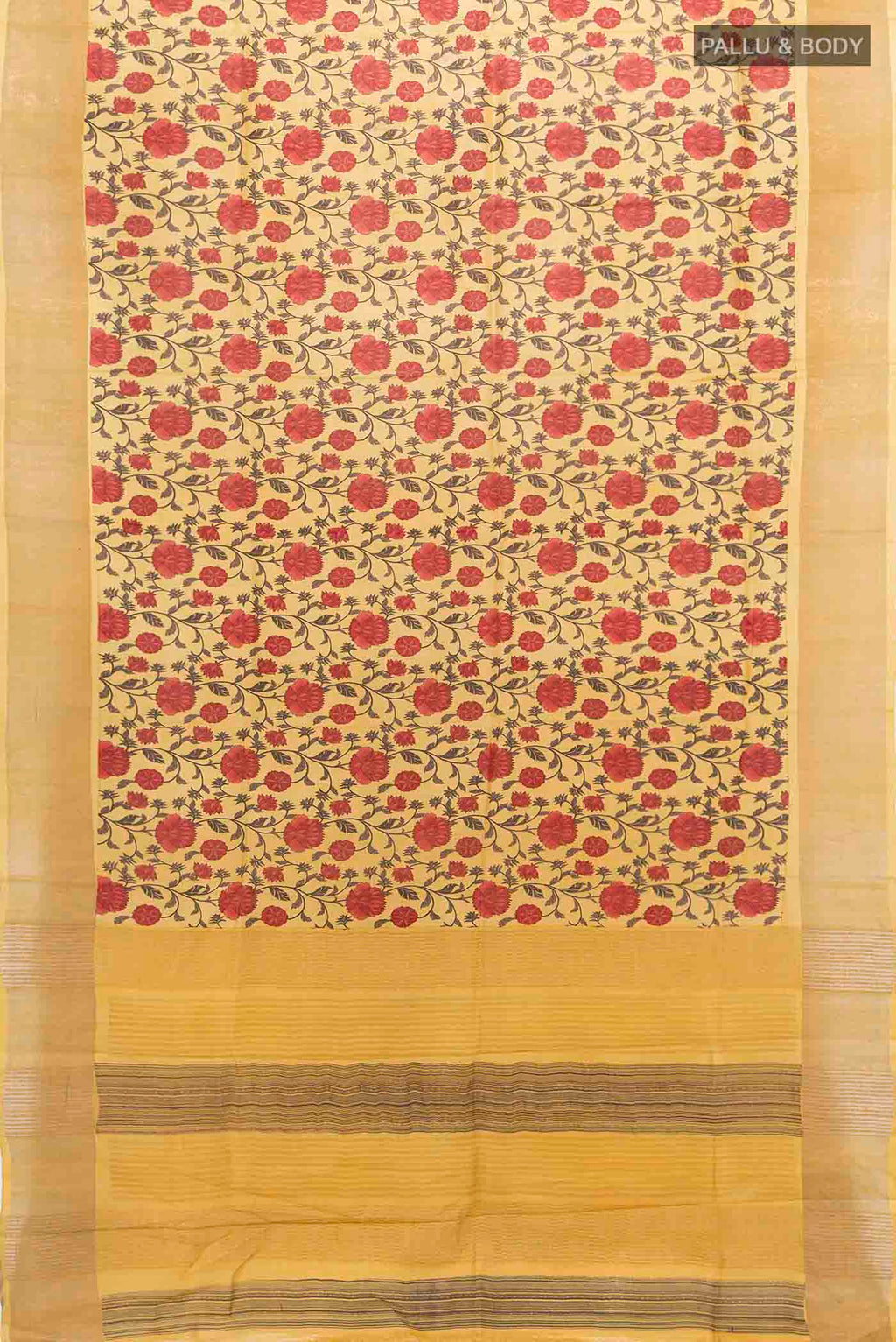 Flat view of Mustard Tussar Saree with Floral Print on the body and Silk Border