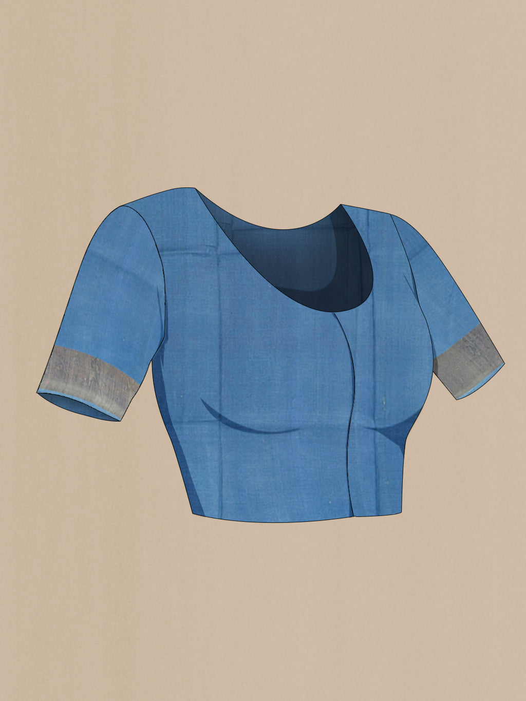 Close up image of the blouse of Sky Blue Tussar Silk Saree with Floral Print on the body and Silk Border. 