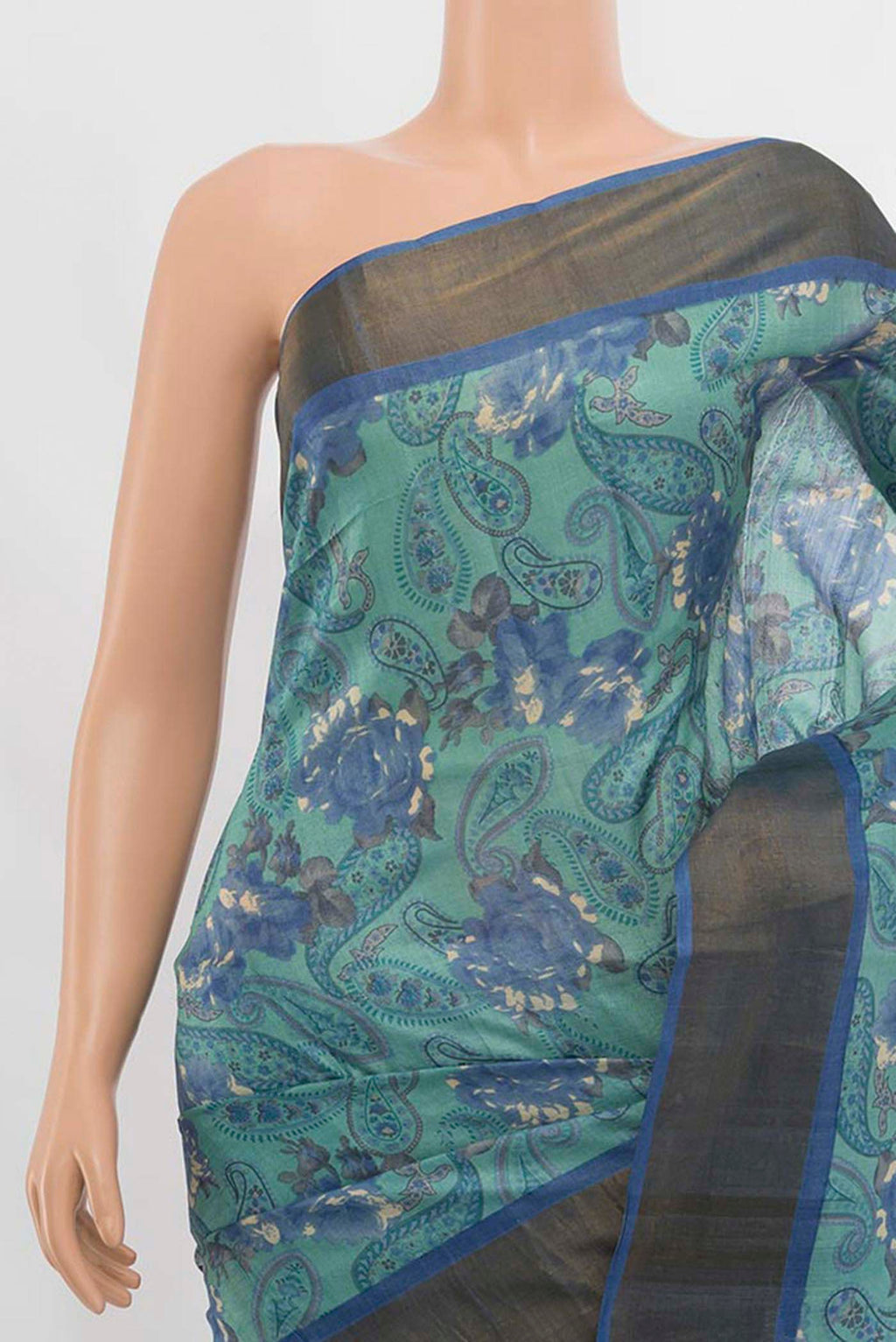 Border image of Sky Blue Tussar Silk Saree with Floral Print on the body and Silk Border. 